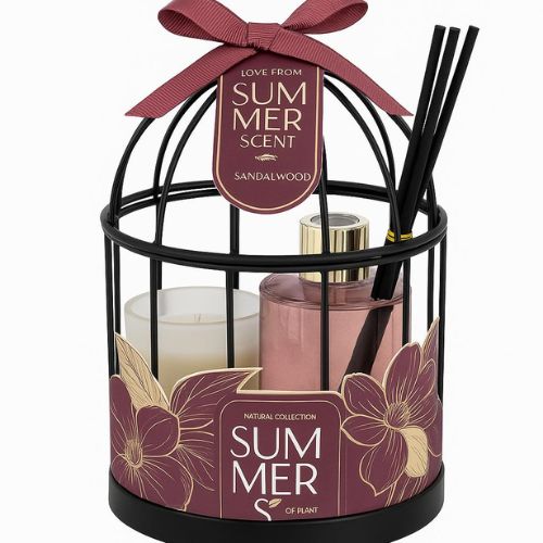 A home fragrance and rose-scented candle basket