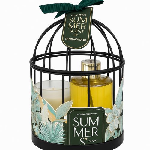 Home fragrance basket and sandalwood-scented candle