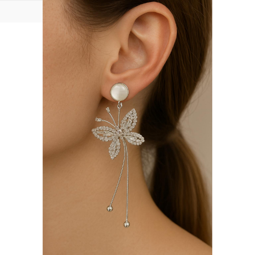 Silver zircon-studded butterfly earring with an elegant design