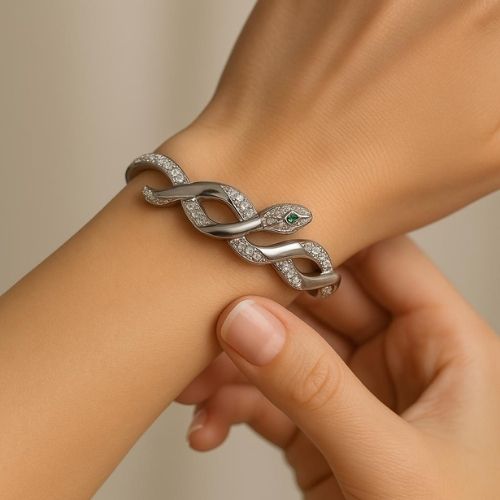 Luxury Double Snake Bracelet - Wrap Design with Zircon Details and Emerald Eye