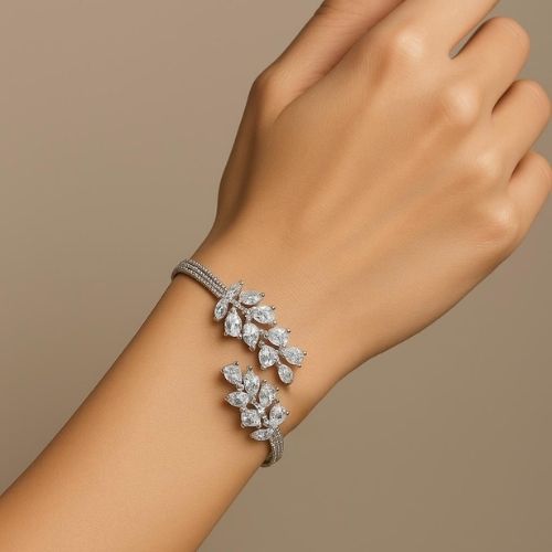 Luxury Women's Bracelet - Open Design with Leaf Embellishment and Stones