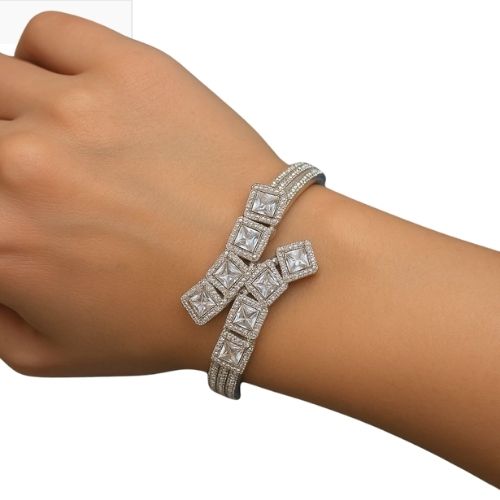 Luxury Open Cuff Bracelet - Princess-Cut Cubic Zirconia Square Design