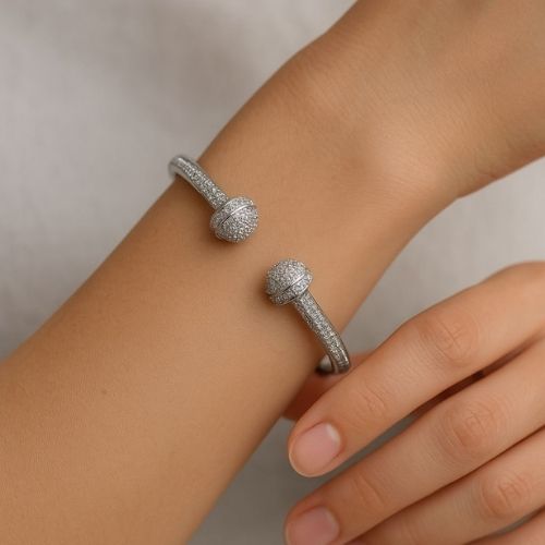 Luxury Women's Bangle – Open Design with Fully Paved Spherical Ends