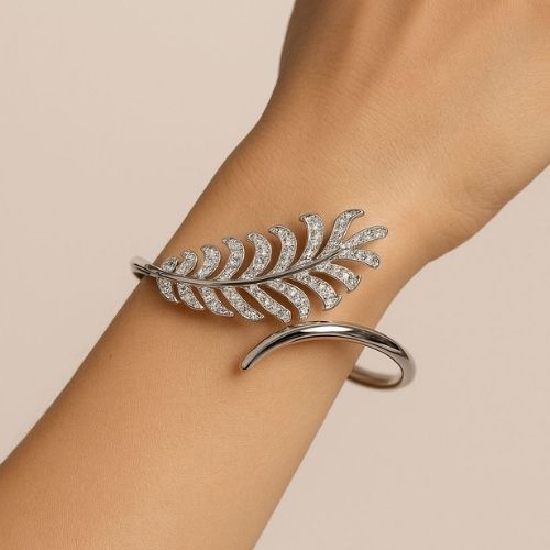 Elegant Open Bangle - Leafy Branch Design Adorned with Sparkling Crystals
