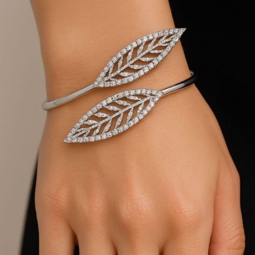 Hollow Two-Leaf Zircon Open Bracelet