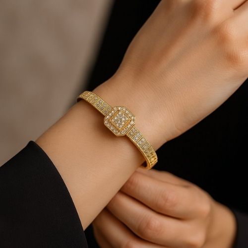 Luxury women's bracelet - gold design fully studded with a central square