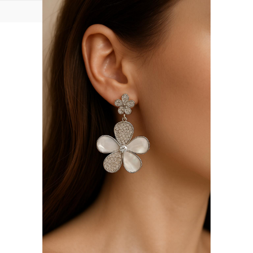 Luxurious five-petal flower earring embellished with zircon and mother-of-pearl
