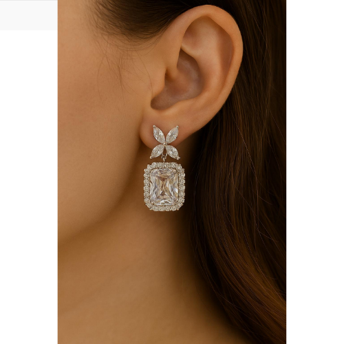 Luxurious earrings with an inlaid rectangular stone and a delicate floral design
