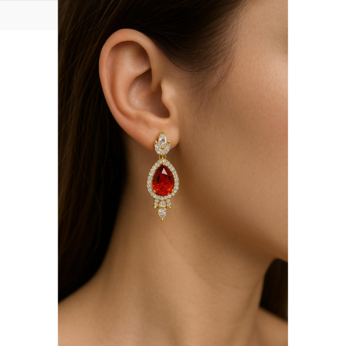 Luxurious drop-shaped red stone earrings encrusted with zircon