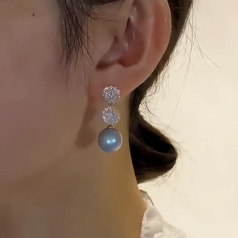 14K Gold Plated Hoop Earrings - Sparkling Crystal and Light Blue Pearl