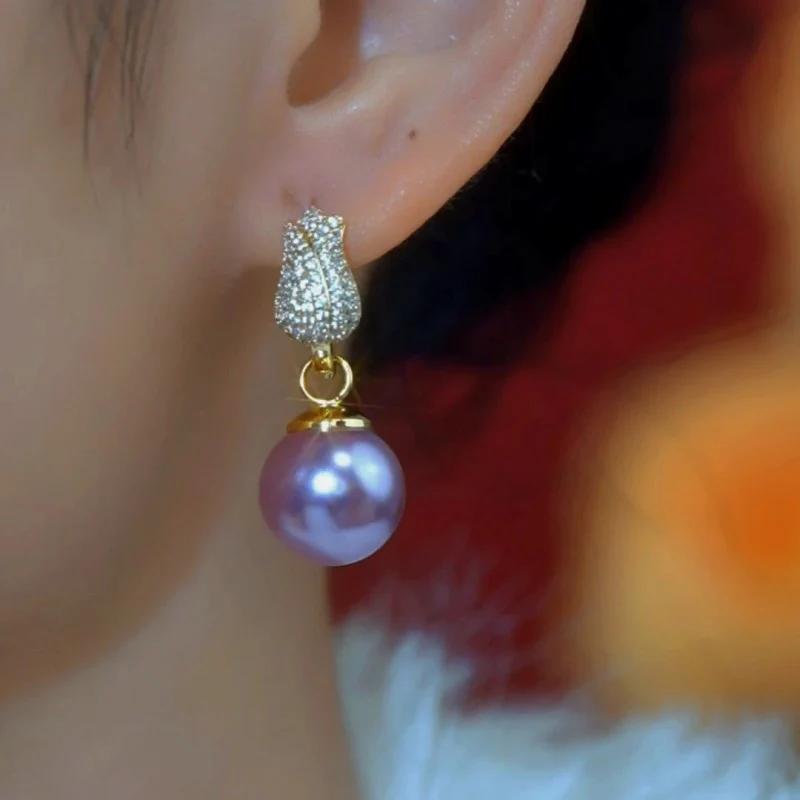 14K Gold Plated Earrings – Purple Pearl and Delicate Pave Design