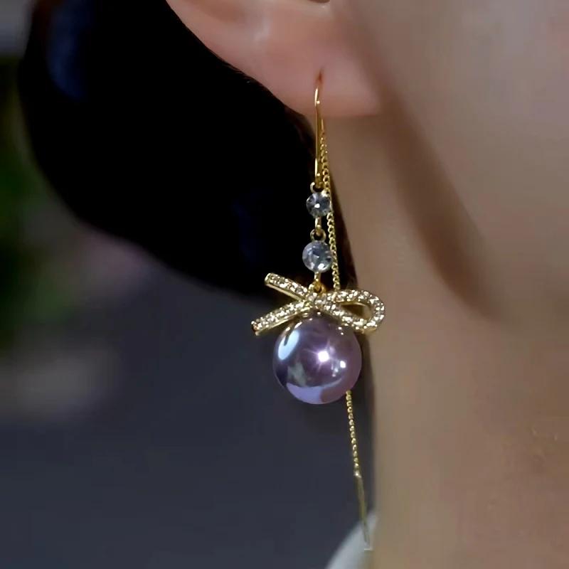 14K Gold Plated Hoop Earrings - Purple Pearl and Elegant Bow Design