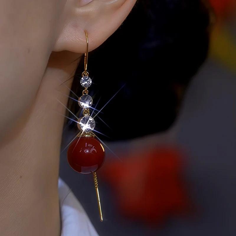 14K Gold Plated Hoops - Red Pearl and Clear Stone Dangle