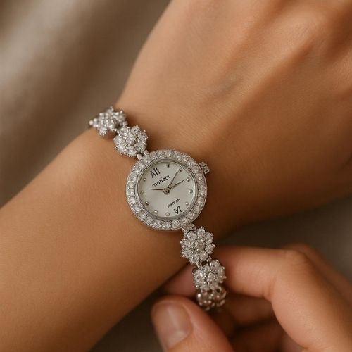 Luxury Women's Watch - Classic Design with Studded Bezel and Luxurious Spherical Bracelet