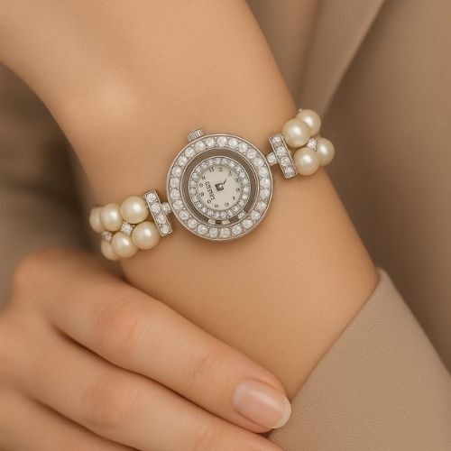 Luxury Ladies Watch by MERIOTS - Round Design with a Pearl Touch