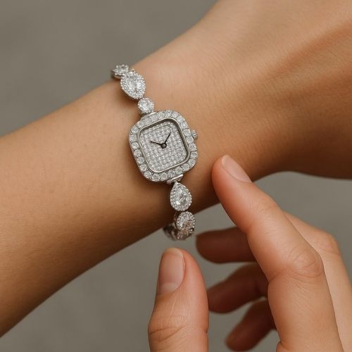 Luxury women's watch - square design fully studded with zircon