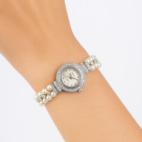 Women's Luxury MERIOTS Watch – Pearl Dial with Roman Numerals and Double Pearl Bracelet