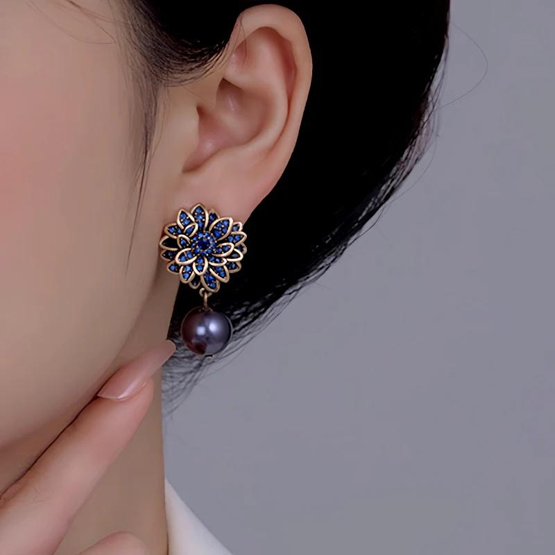 14K Gold Plated Hoop Earrings - Flower Design with Blue Stone and Dark Pearl