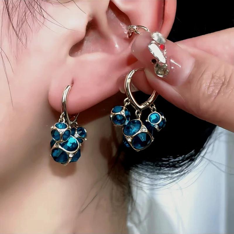 14K Gold Plated Hoops - Dangle Round Blue Stones