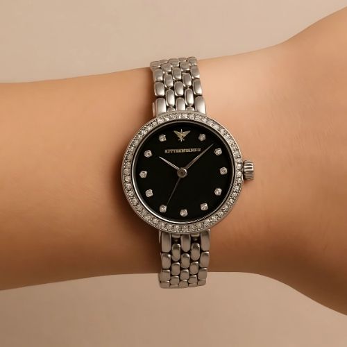 Luxury Women's Watch - Stylish Black Face and Shiny Silver Bracelet