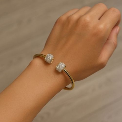 Women's Open Bracelet - Gold Design with Shiny Round Crystals