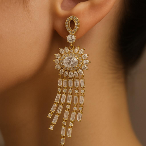 Luxury flower design earrings with dangling zircon tassels