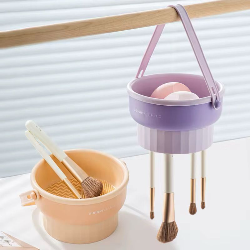 Beige makeup brush cleaner rack