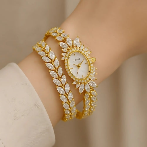 Luxury women's watch with an elegant oval design and a double strap adorned with sparkling zircon stones