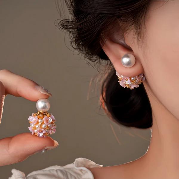 Pink Floral Pearl Drop Earrings – 14K Gold Plated