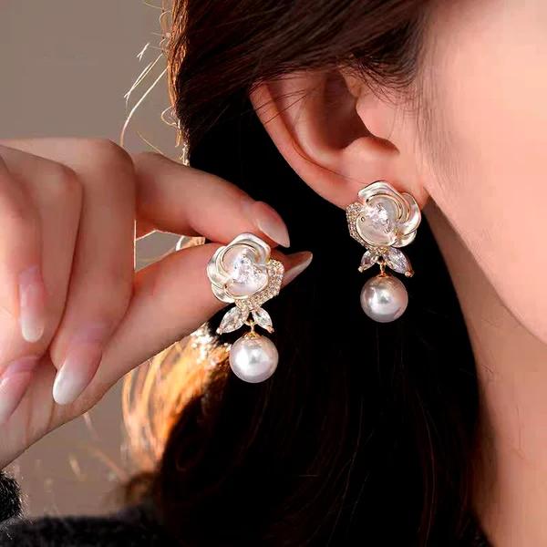 Luxury Gold Plated Rose Earrings with Dangling Pearl
