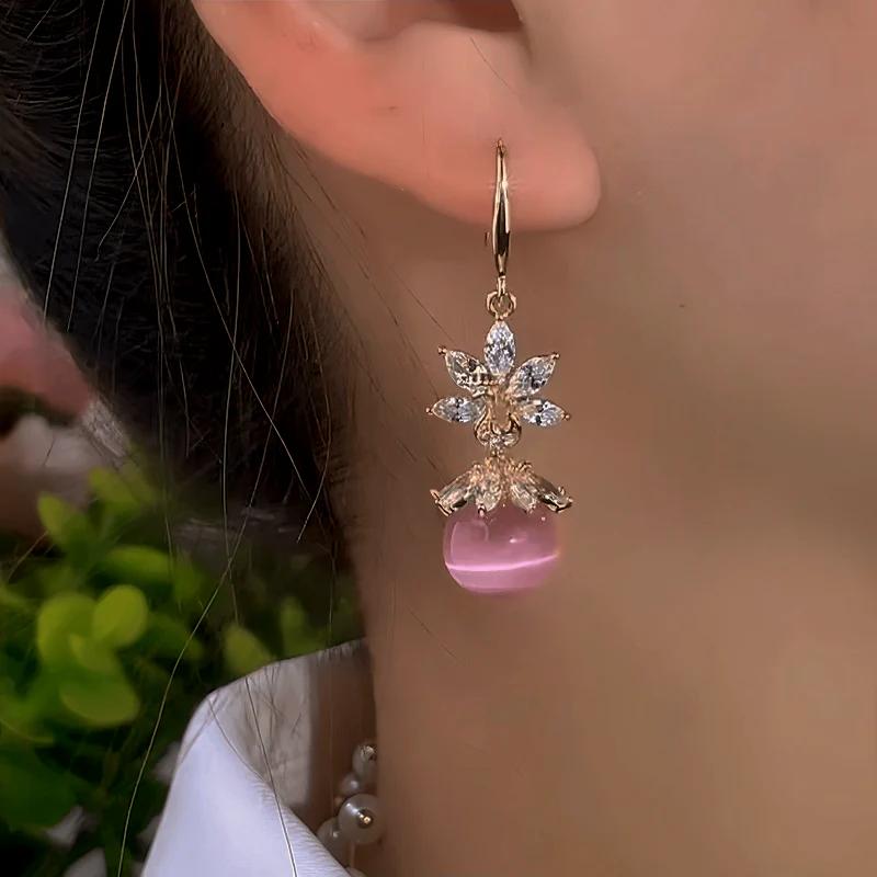 14k Gold Plated Earrings – Pink Cat Eye Stone and Pave Floral Design