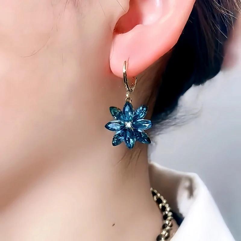 14K Gold Plated Hoop – Flower Design with Shiny Blue Stones