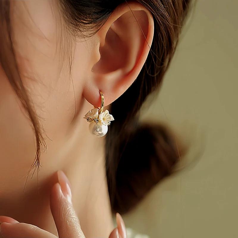 14K Gold Plated Earrings - Pearl and Elegant Floral Design