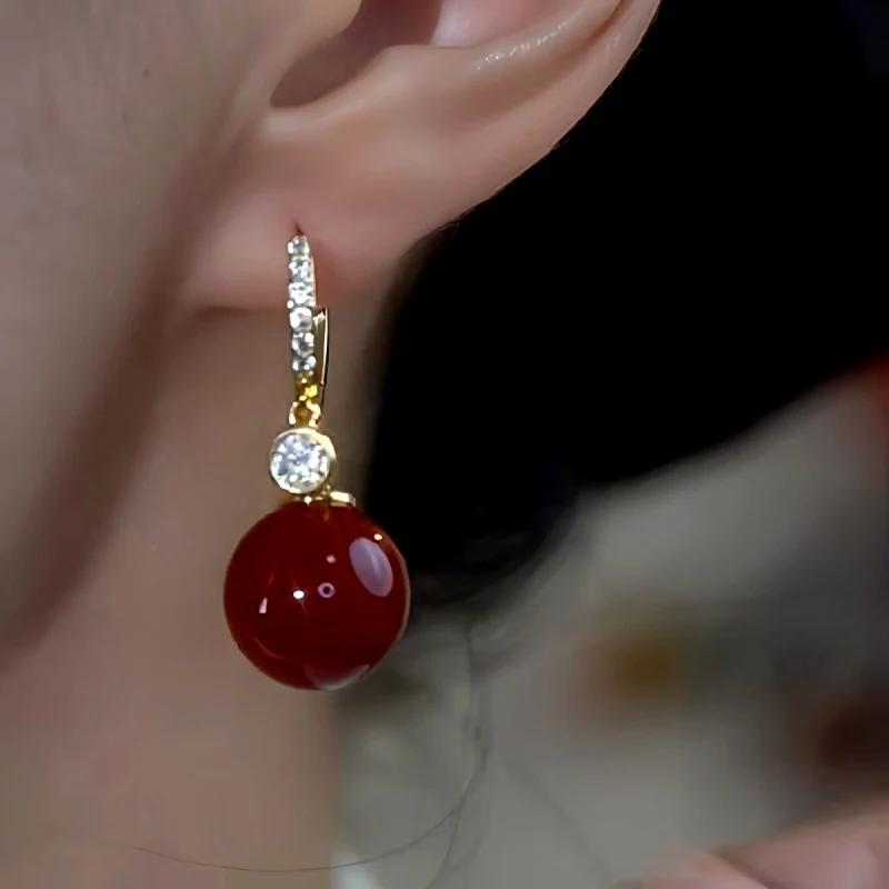 14K Gold Plated Earrings – Red Pearl and Shimmering Stones
