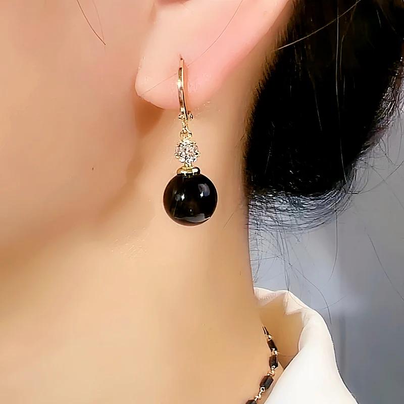 14k Gold Plated Hoops - Black Pearl & Rhinestone