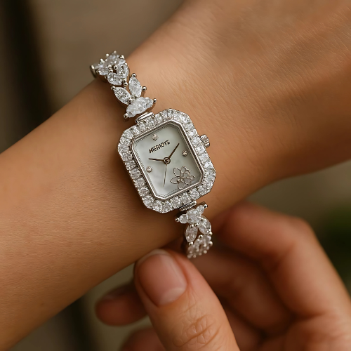 MERIOTS Women's Luxury Watch - Hexagonal Dial with Flower Embellishment